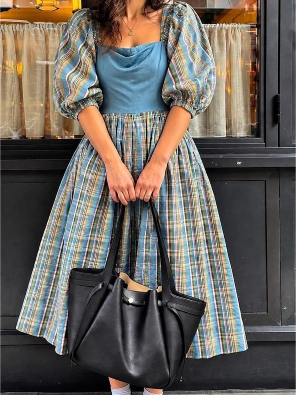 Vintage 80s Blue Plaid Taffeta Puff Sleeve Cottagecore Prairie Midi Dress